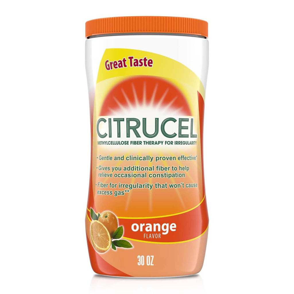 Citrucel Fiber Powder orange flavor jar, 30 oz, with orange twist cap