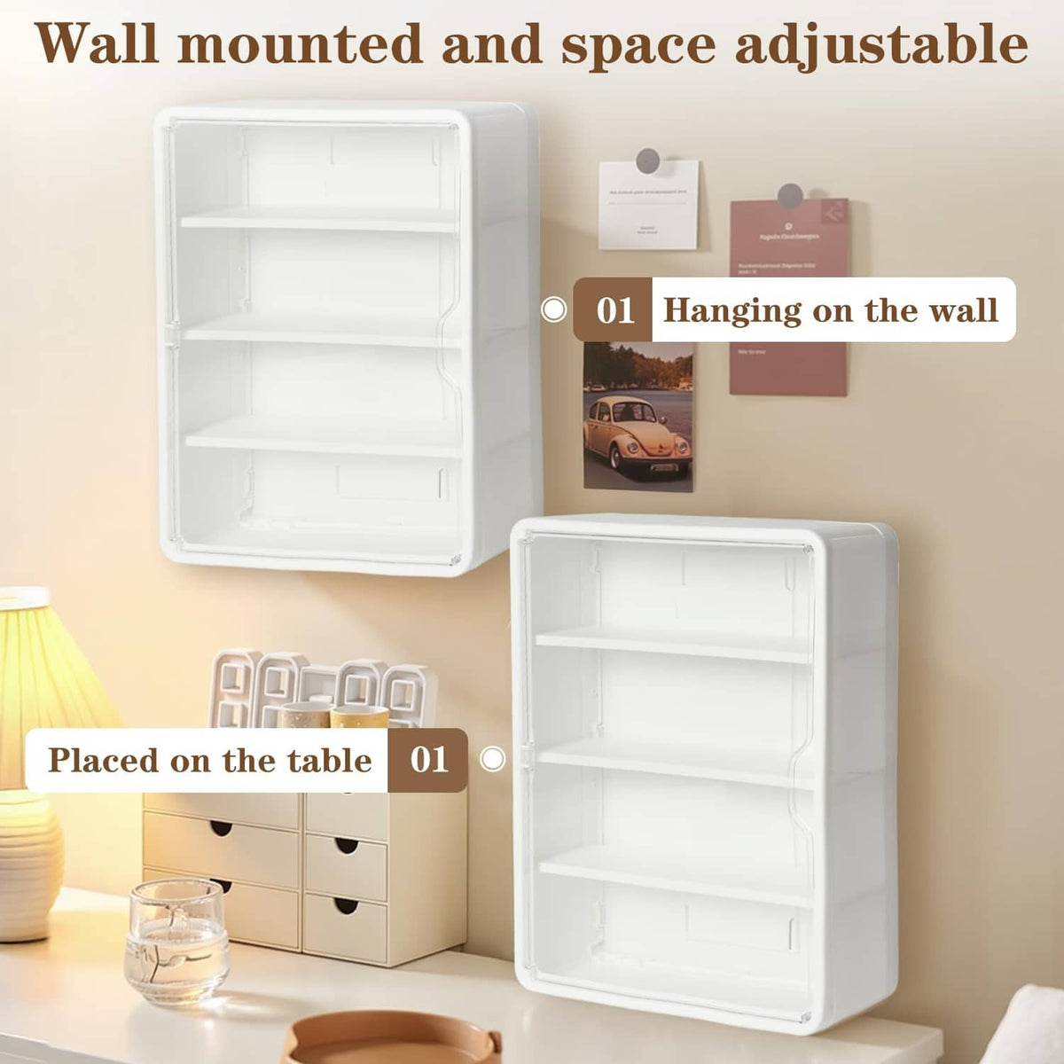 Wall-mounted clear display case with white frame, shown on wall and table