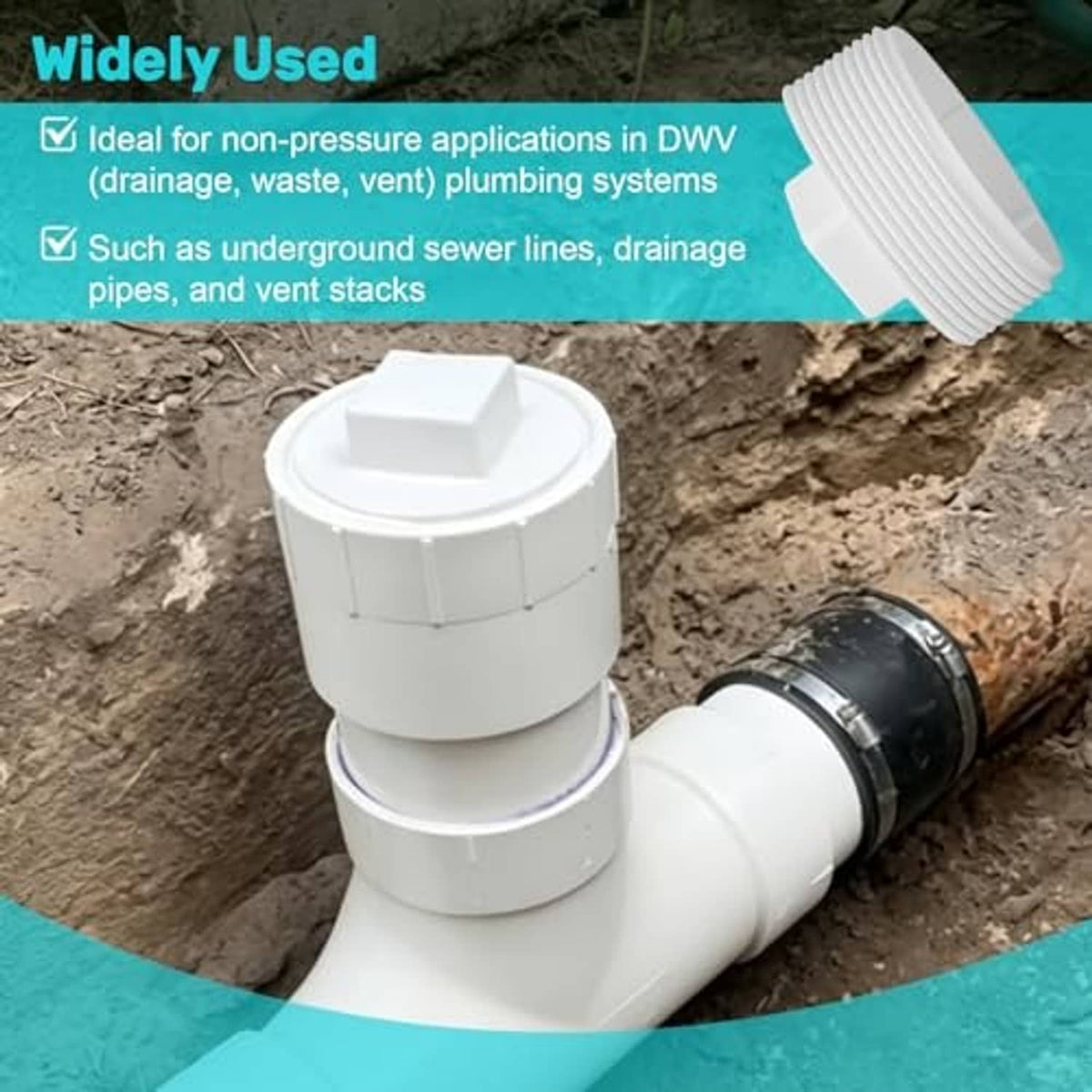 3-inch PVC sewer cleanout plug on drain line fitting, white threaded cap