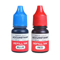 Accu-stamp ink refill bottles, blue and red with snap-on dispensing tips