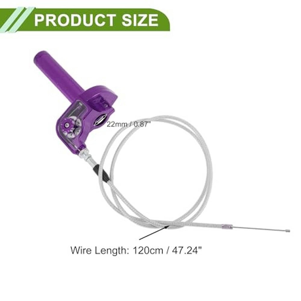 Purple 22mm throttle grip with white cable; product size view and wire length shown