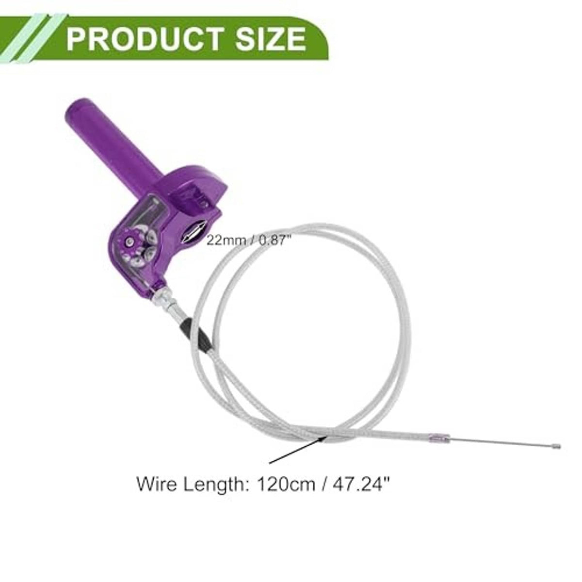 Purple 22mm throttle grip with white cable; product size view and wire length shown