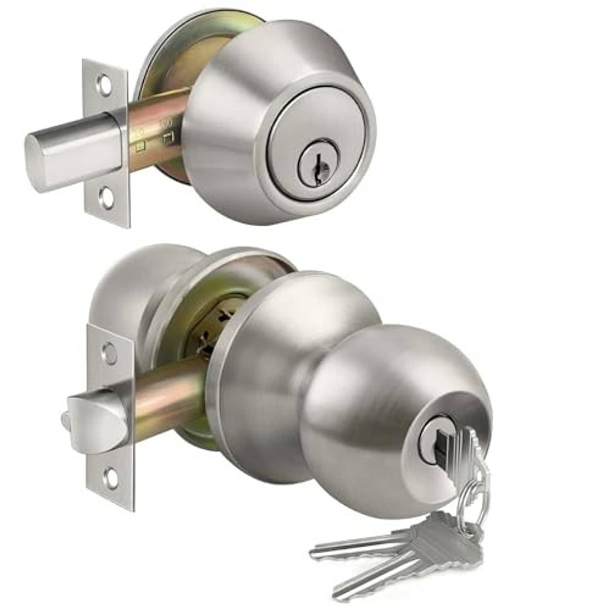 Satin nickel keyed alike deadbolt and door knob lockset set with matching keys