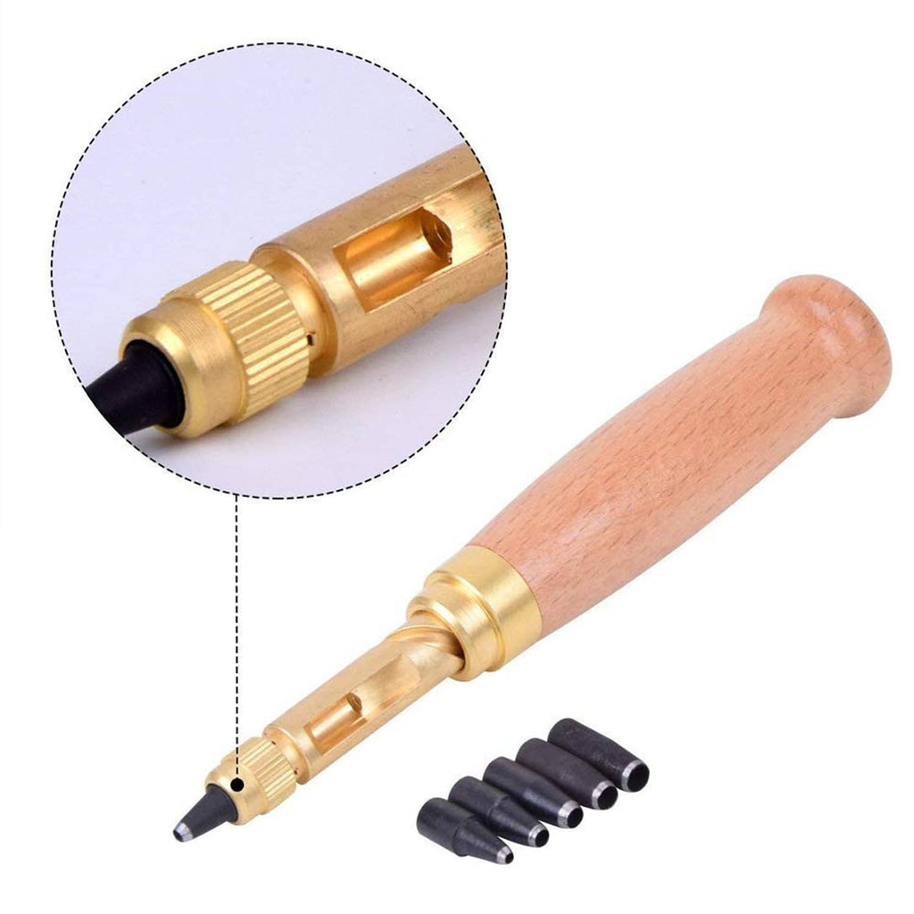 Leather screw punch tool with brass tip detail and wooden handle plus black tips