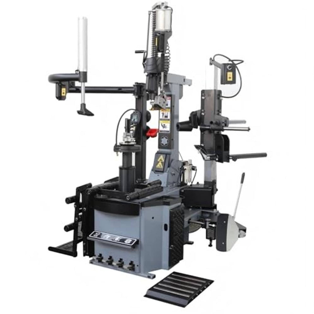 Tire changing machine base with black slatted ramp and upright tool assembly