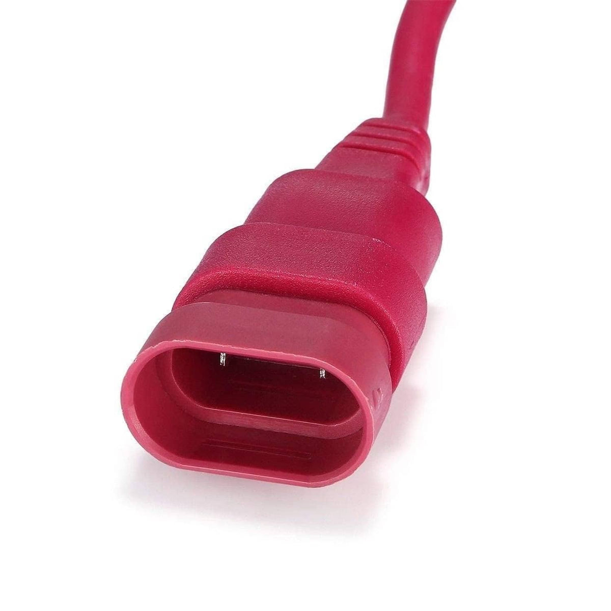 Red plastic electrical connector plug with open socket and attached cable