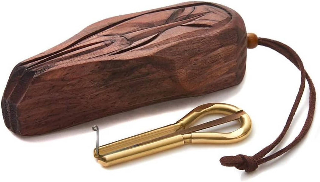 Brass jew's harp with carved wooden case and carrying cord