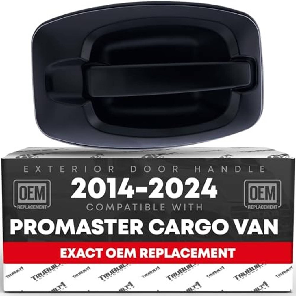 Front passenger door handle, black exterior finish without keyhole; replacement packaging shown
