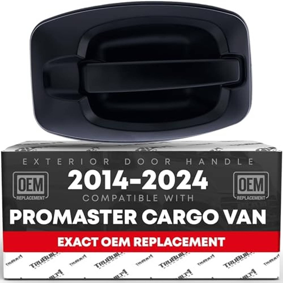 Front passenger door handle, black exterior finish without keyhole; replacement packaging shown