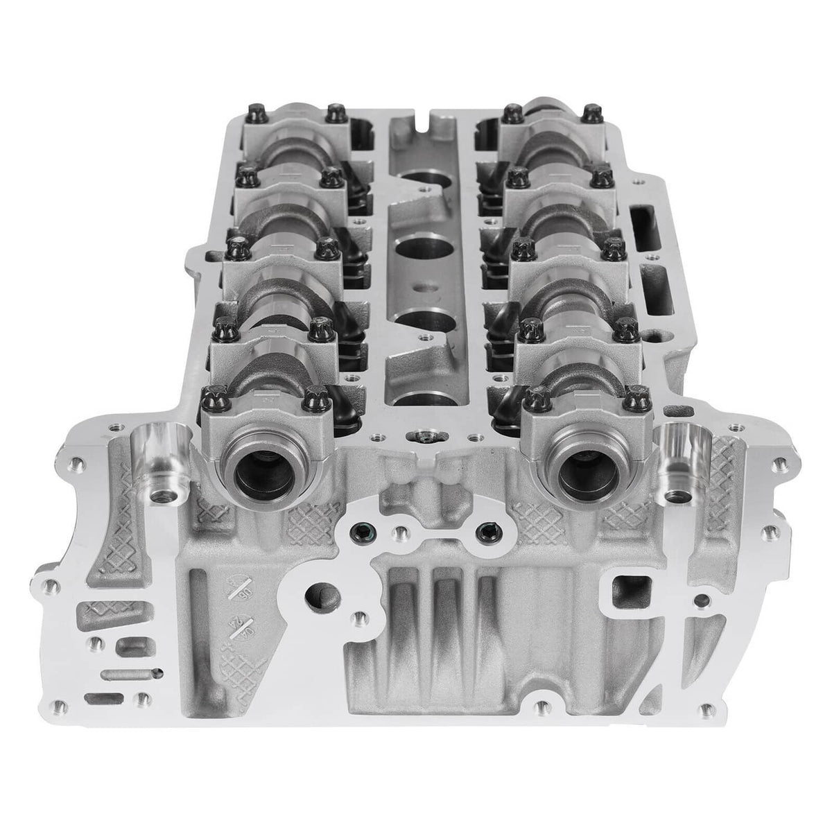 Engine cylinder head with camshaft area and valve passages, front close angle