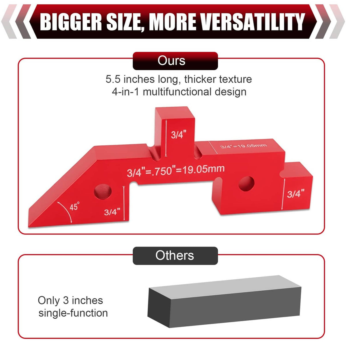 Red aluminum woodworking setup blocks with angled reference faces and mounting holes