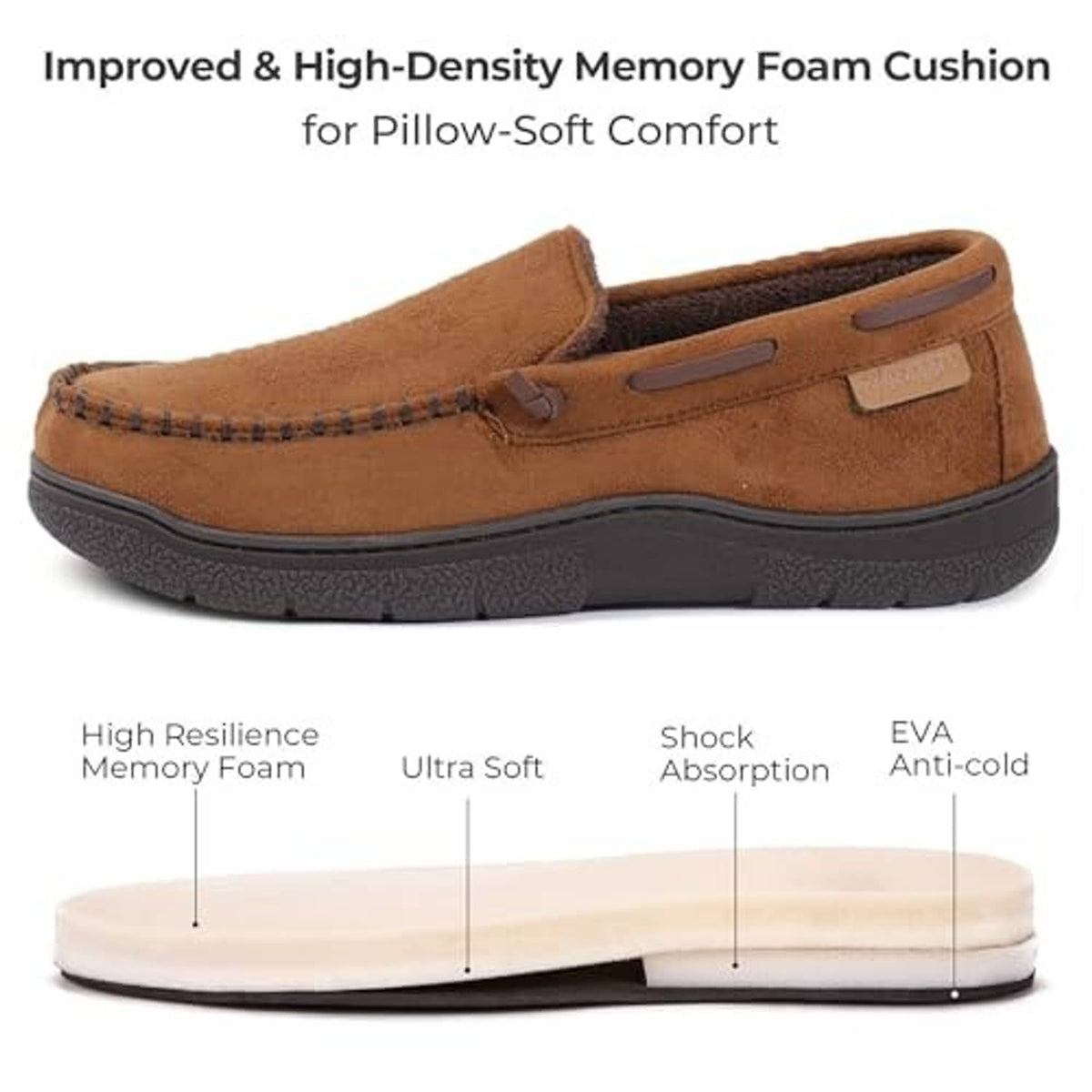 Camel suede moccasin slippers with padded insole and low-profile dark sole