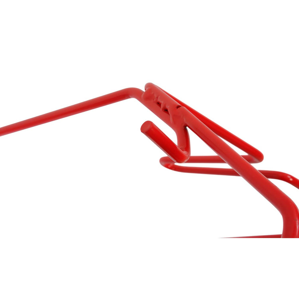 Red grass bag frame section with top handle tabs and mounting clips, metal wire