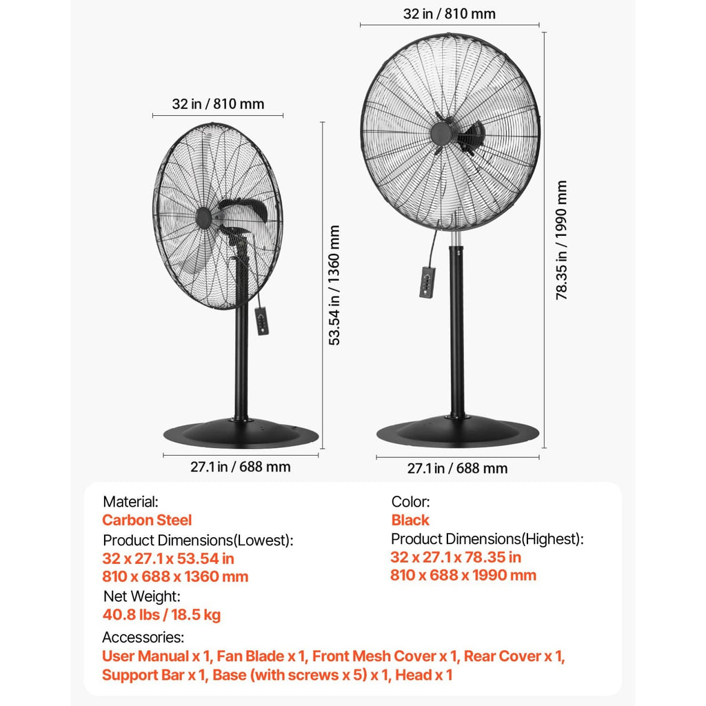 Ceiling-style diagram of black pedestal fan showing dimensions and adjustable height