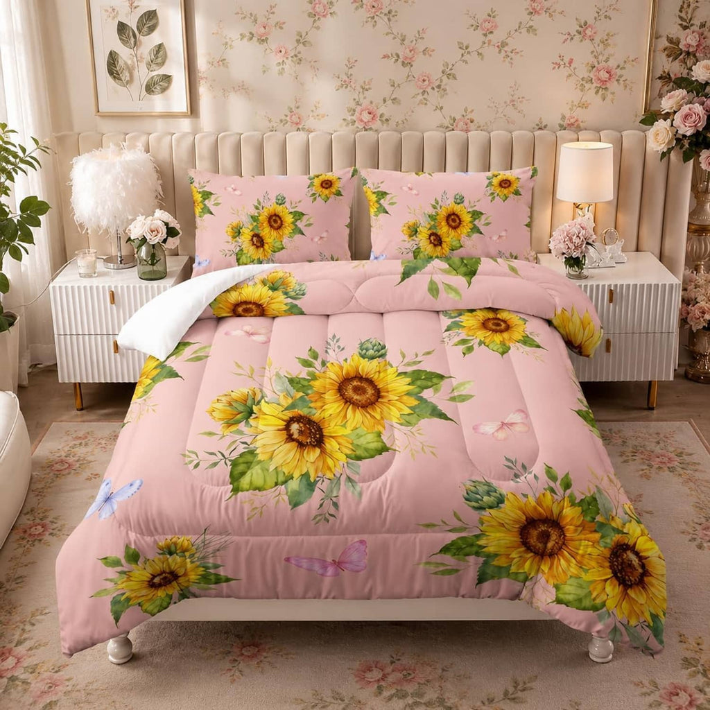 Pink sunflower comforter set with floral pillow shams and butterfly accents
