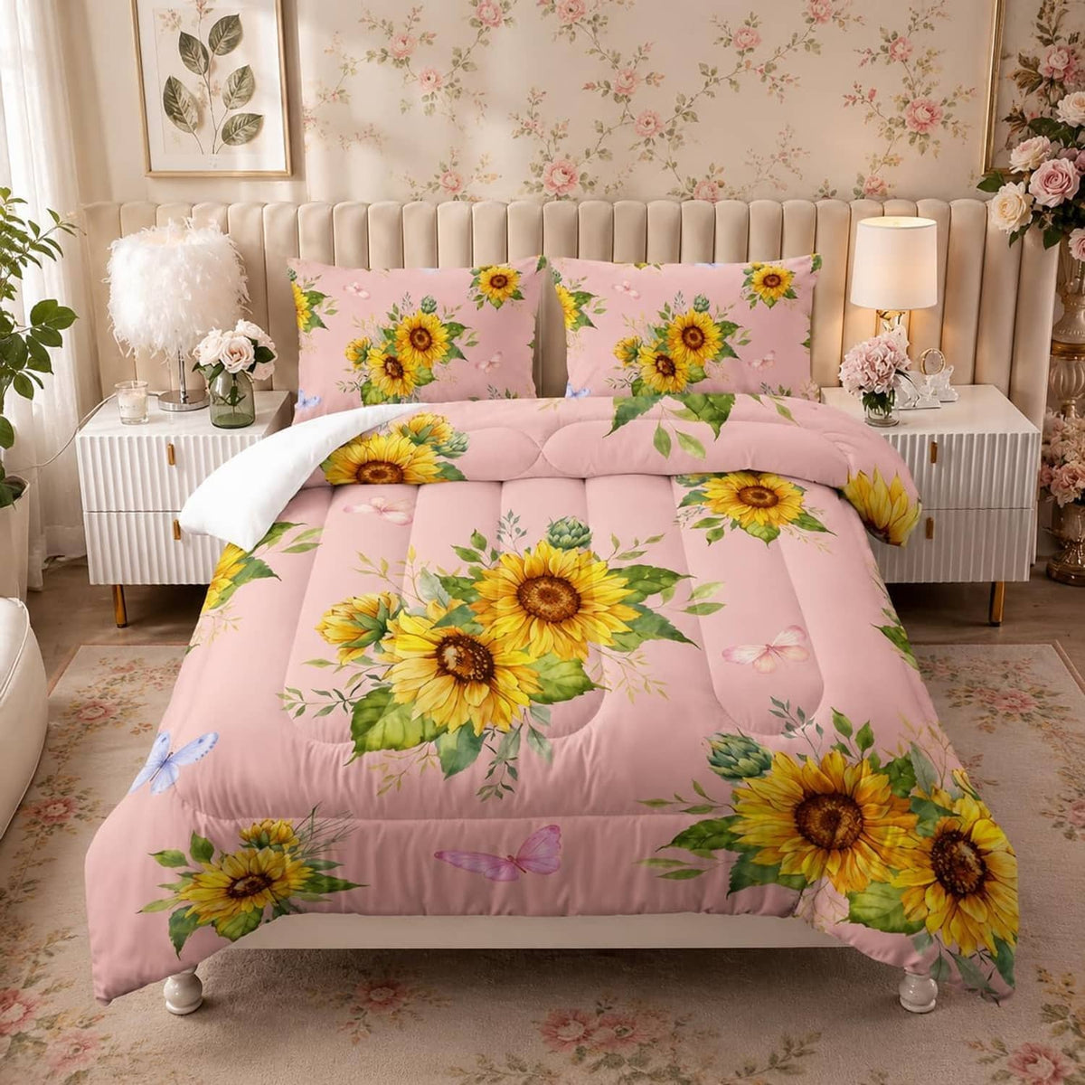 Pink sunflower comforter set with floral pillow shams and butterfly accents