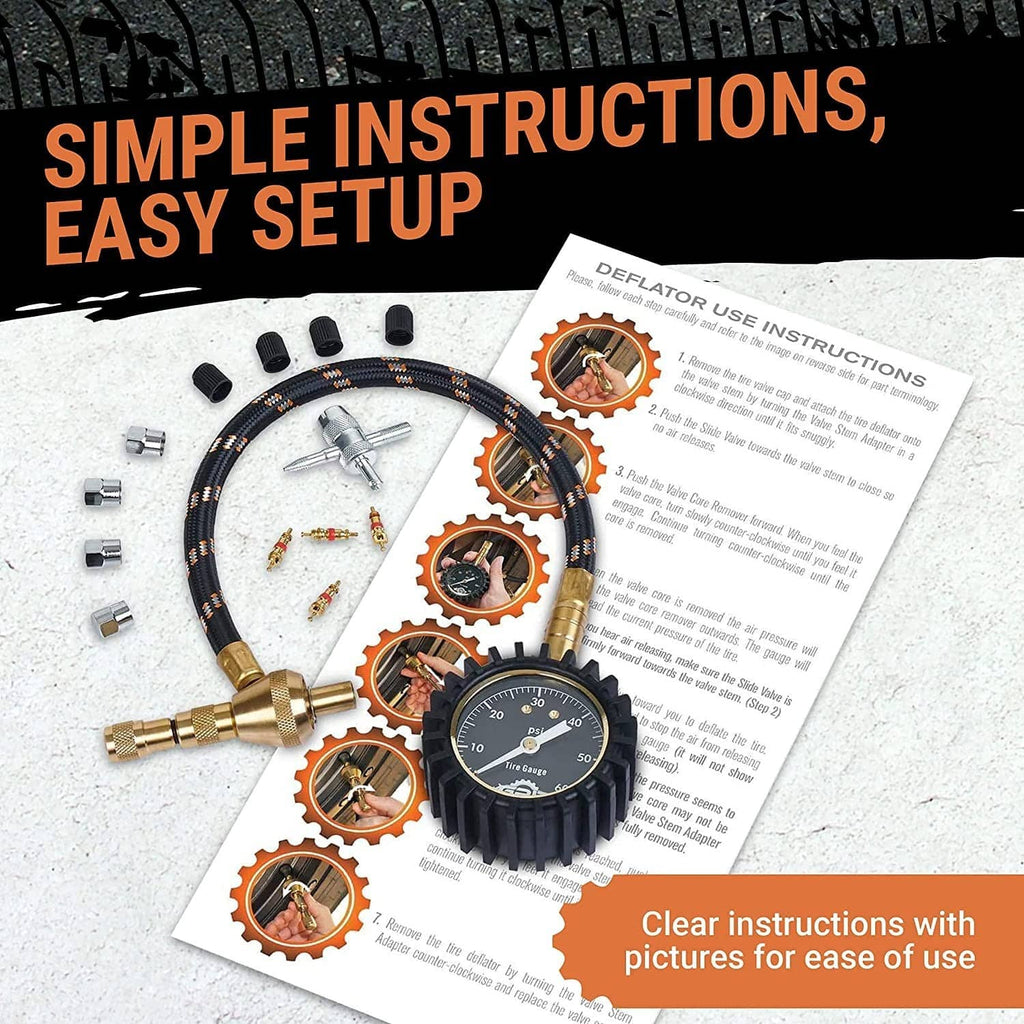 Tire deflator kit with gauge, hoses, valve caps, and instruction sheet