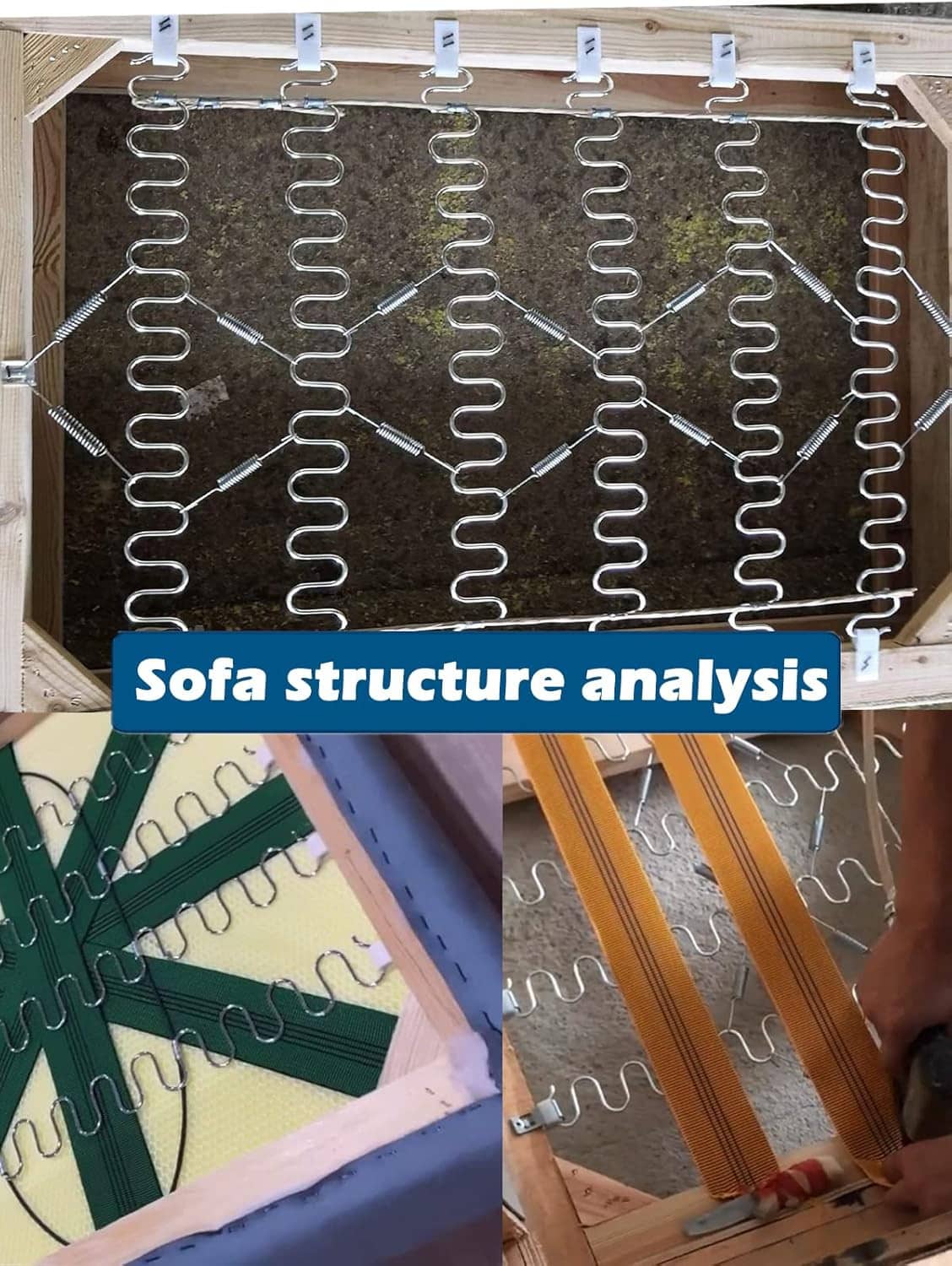 Sofa frame with installed upholstery springs and metal hook clips