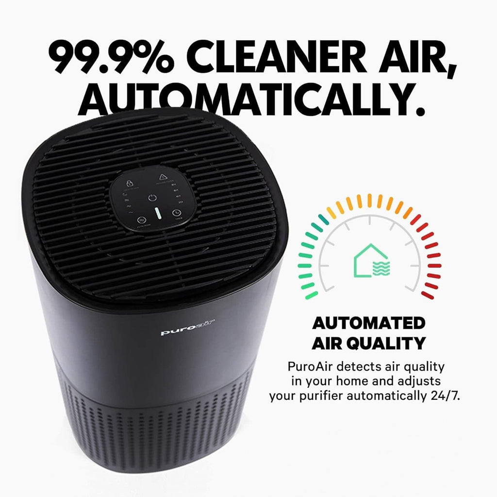 Black compact air purifier with top controls and circular indicator on front