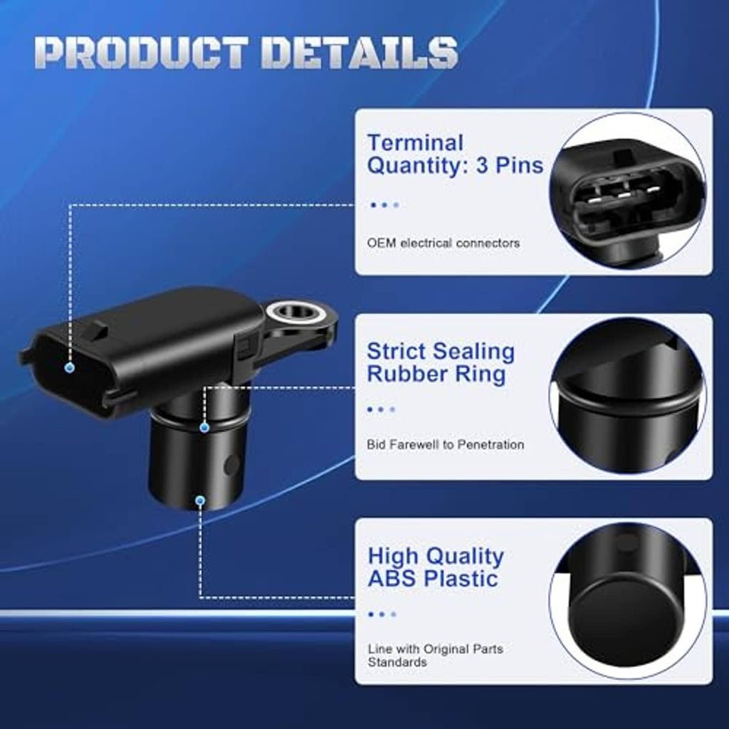 Set of 4 black camshaft position sensors, terminal and sealing detail close-ups