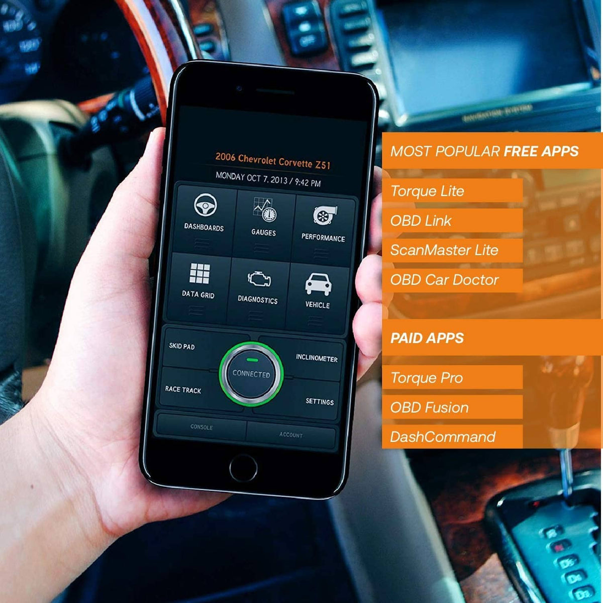 Smartphone displaying app screen next to a black OBD2 Wi‑Fi car code reader.