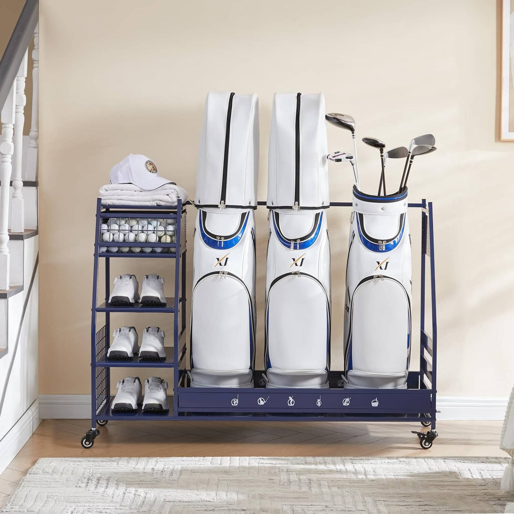 Indoor golf bag organizer rack with three white/blue bags and left storage shelf