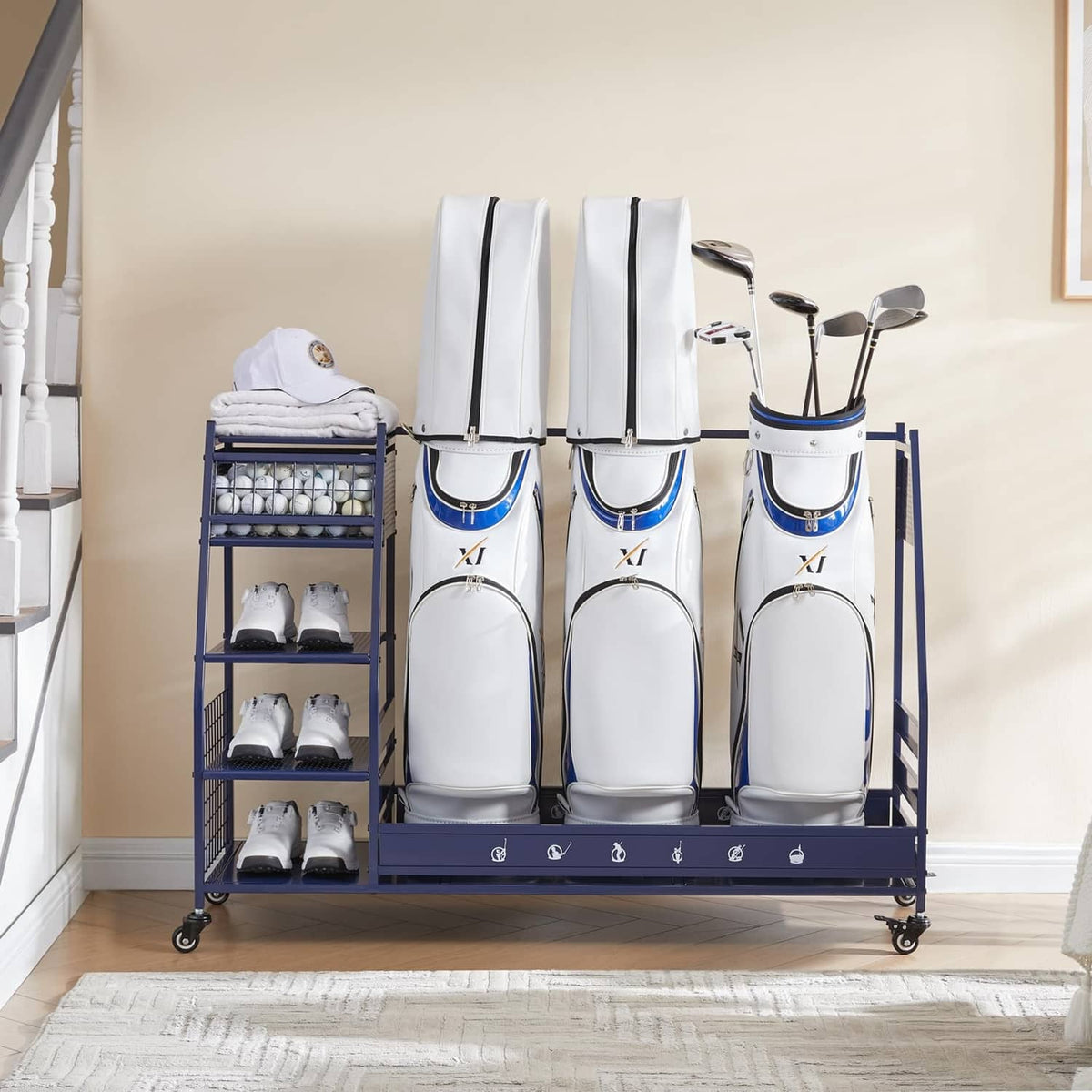 Indoor golf bag organizer rack with three white/blue bags and left storage shelf