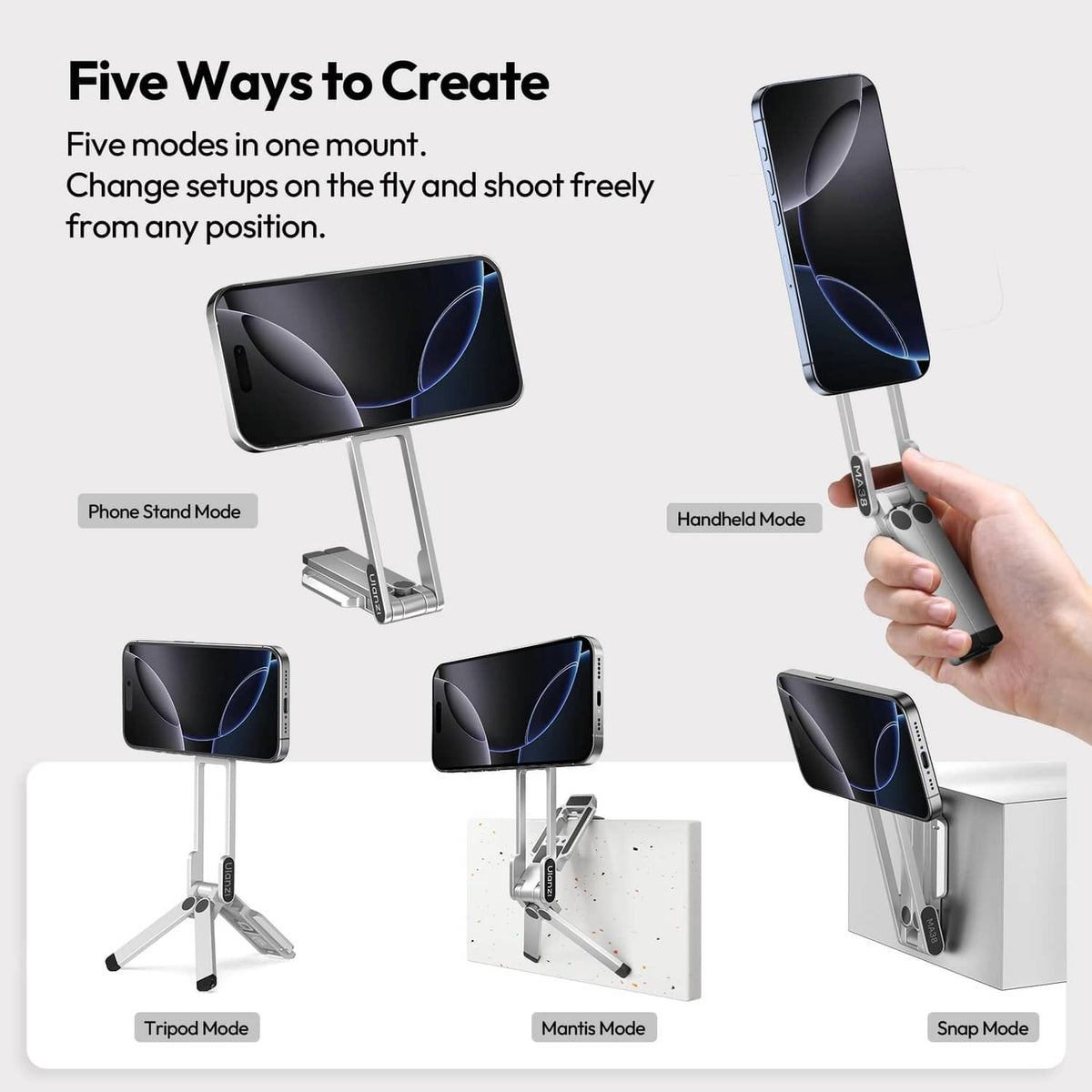 Magnetic phone tripod showing multiple shooting modes with a smartphone on the mount