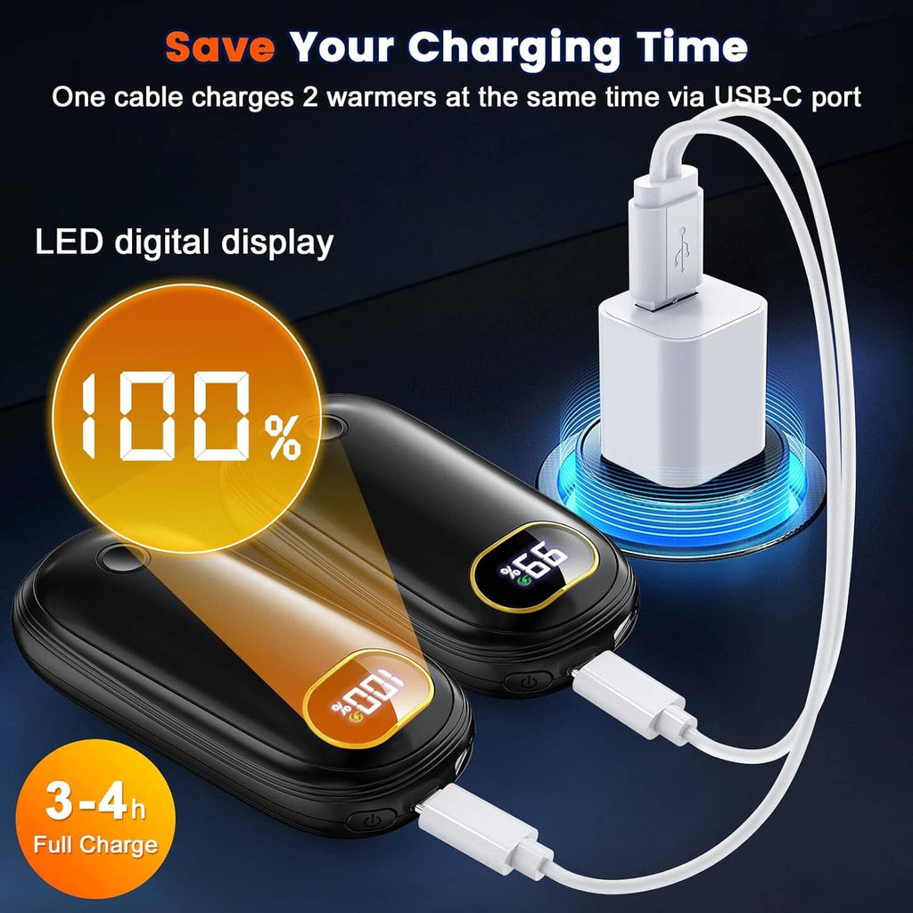 Rechargeable hand warmers charging with LED digital display and USB-C adapter