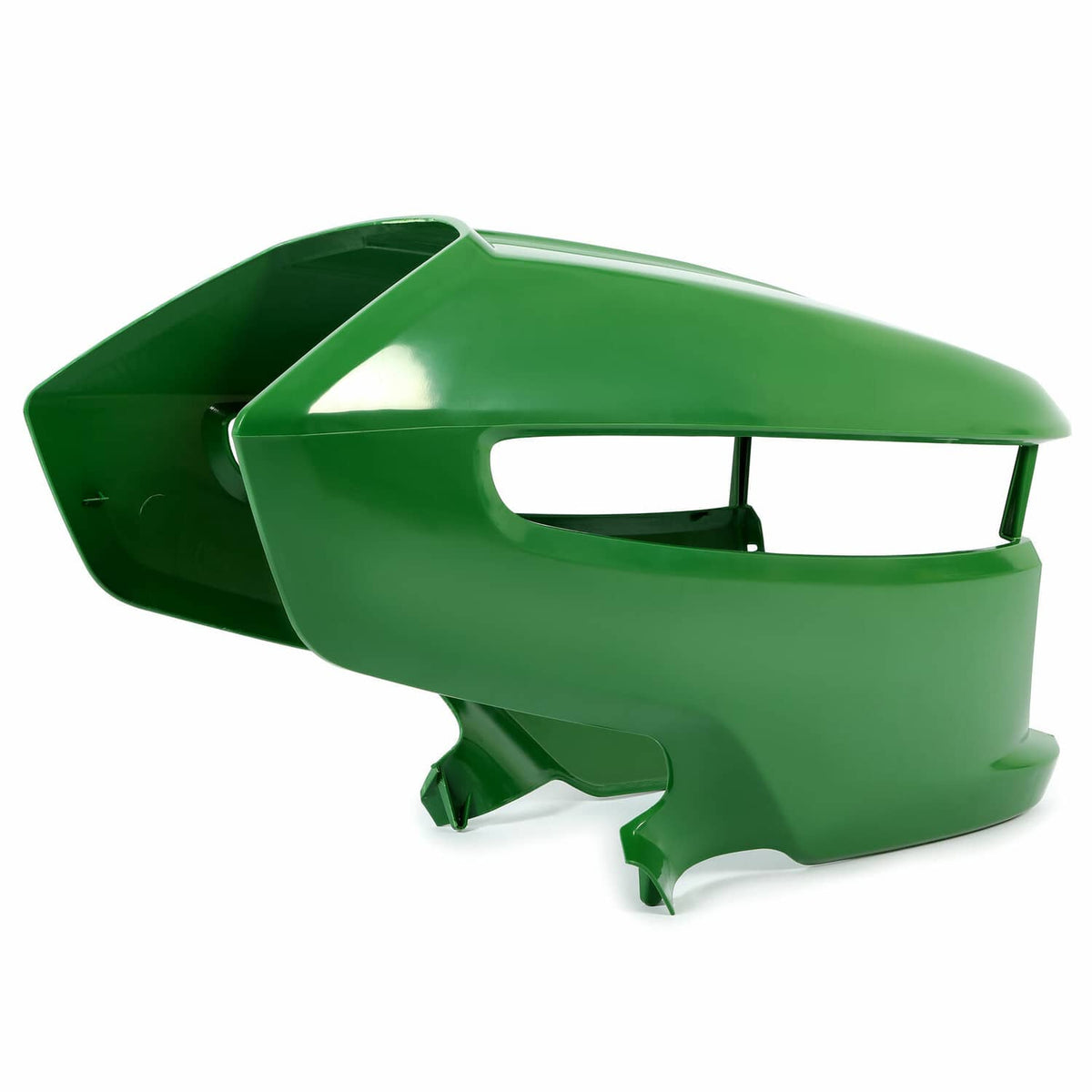 Green John Deere lawn mower front hood with top cover and side panel cutouts