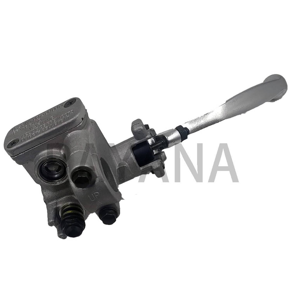 Front brake master cylinder with reservoir cap and lever, gray metal body
