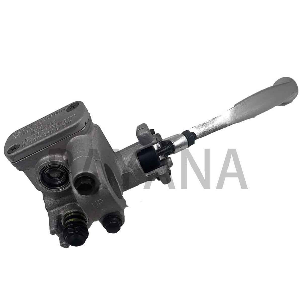 Front brake master cylinder with reservoir cap and lever, gray metal body