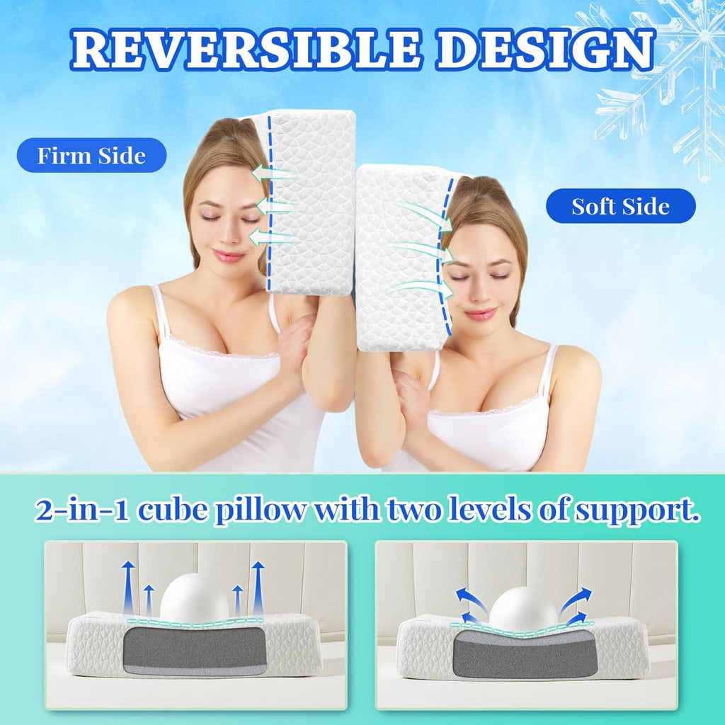 Reversible cooling memory foam pillow, white soft side and gray firm side