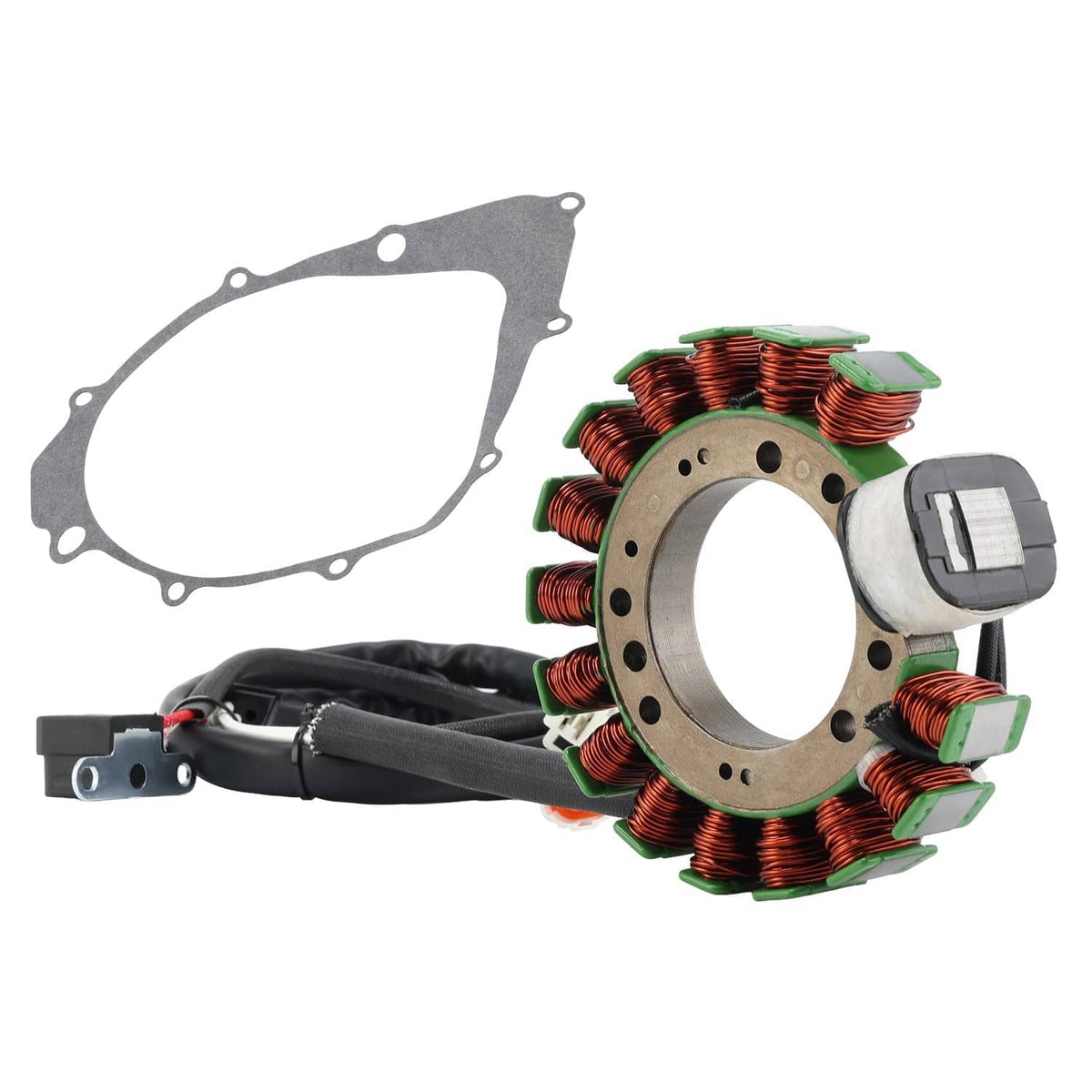 Stator coil ring with wiring harness and engine cover gasket, angled set