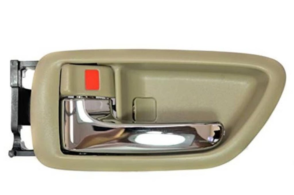 Beige interior door handle trim with chrome handle, red lock indicator, black frame
