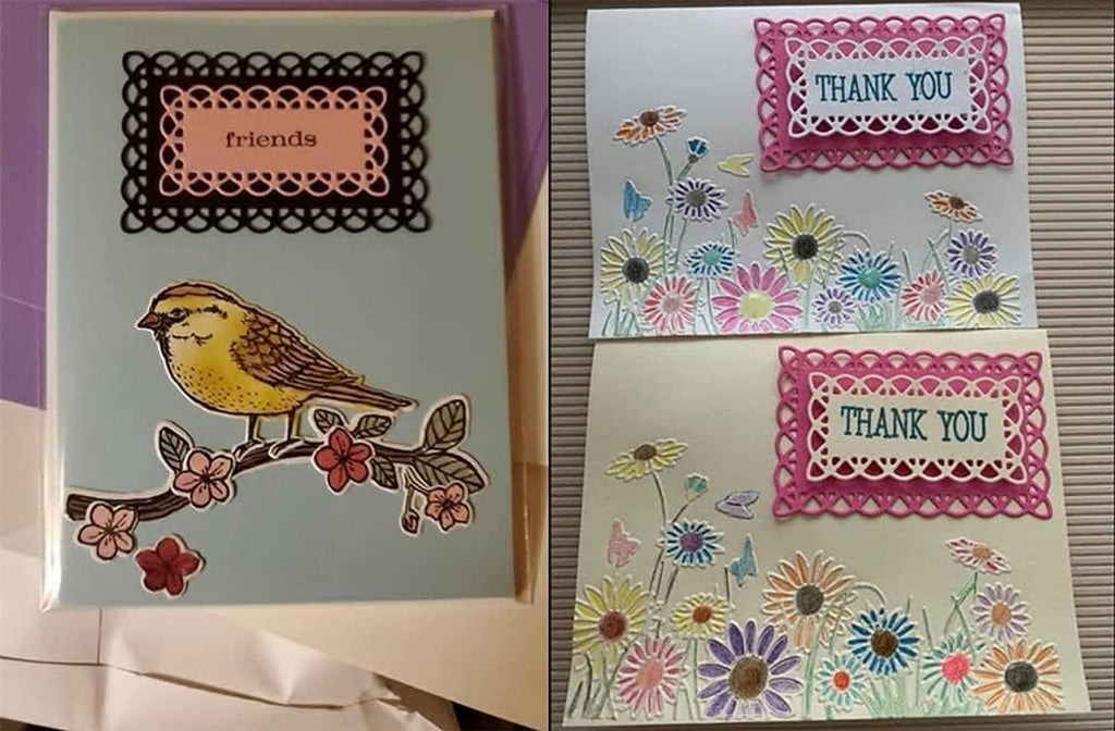 Set of scalloped rectangle frame dies used to cut layered thank you cards