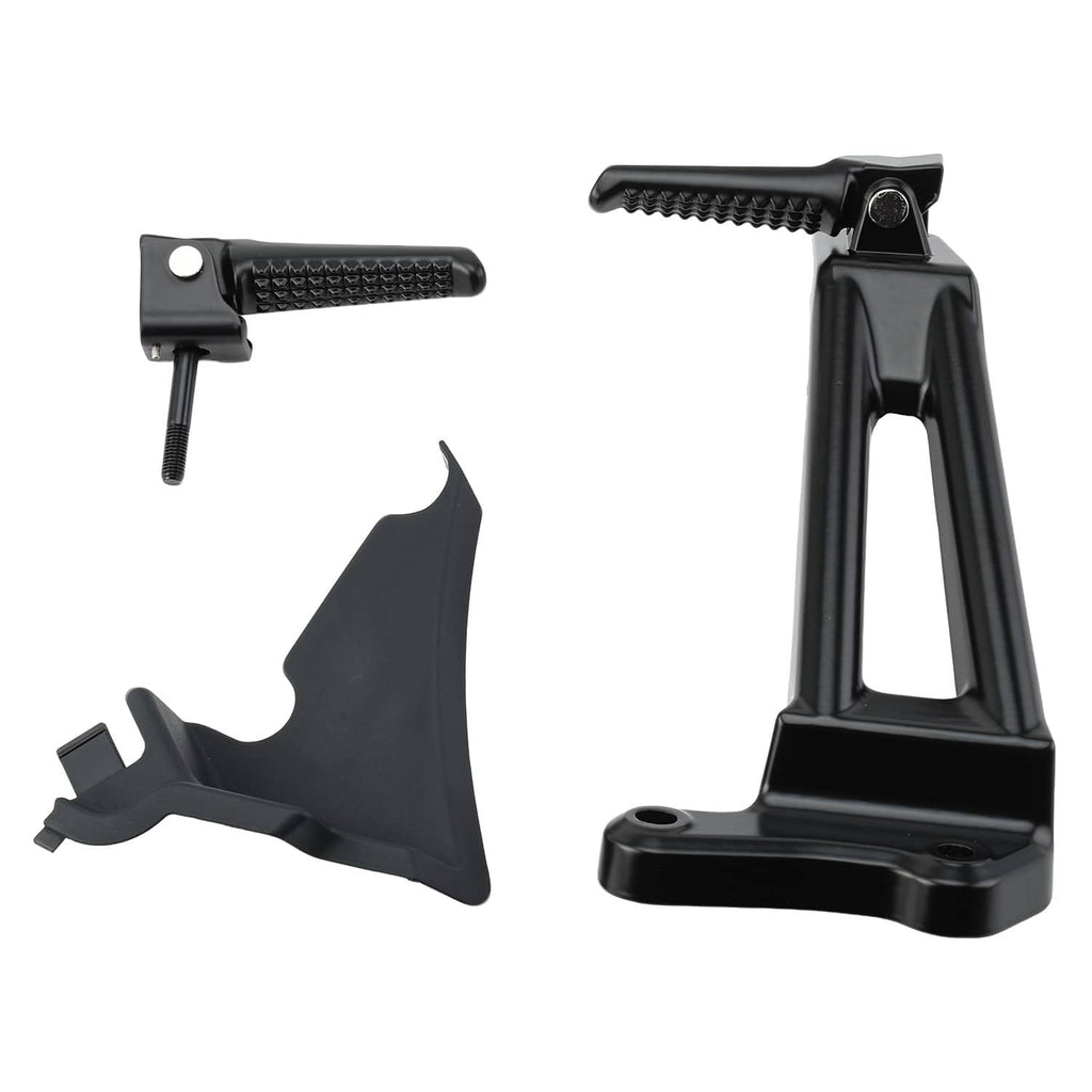 Black passenger footpeg bracket assembly with serrated pegs and mounting parts