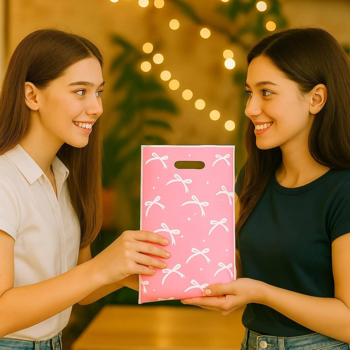 Pink bow-pattern gift bag with top handle held by two people