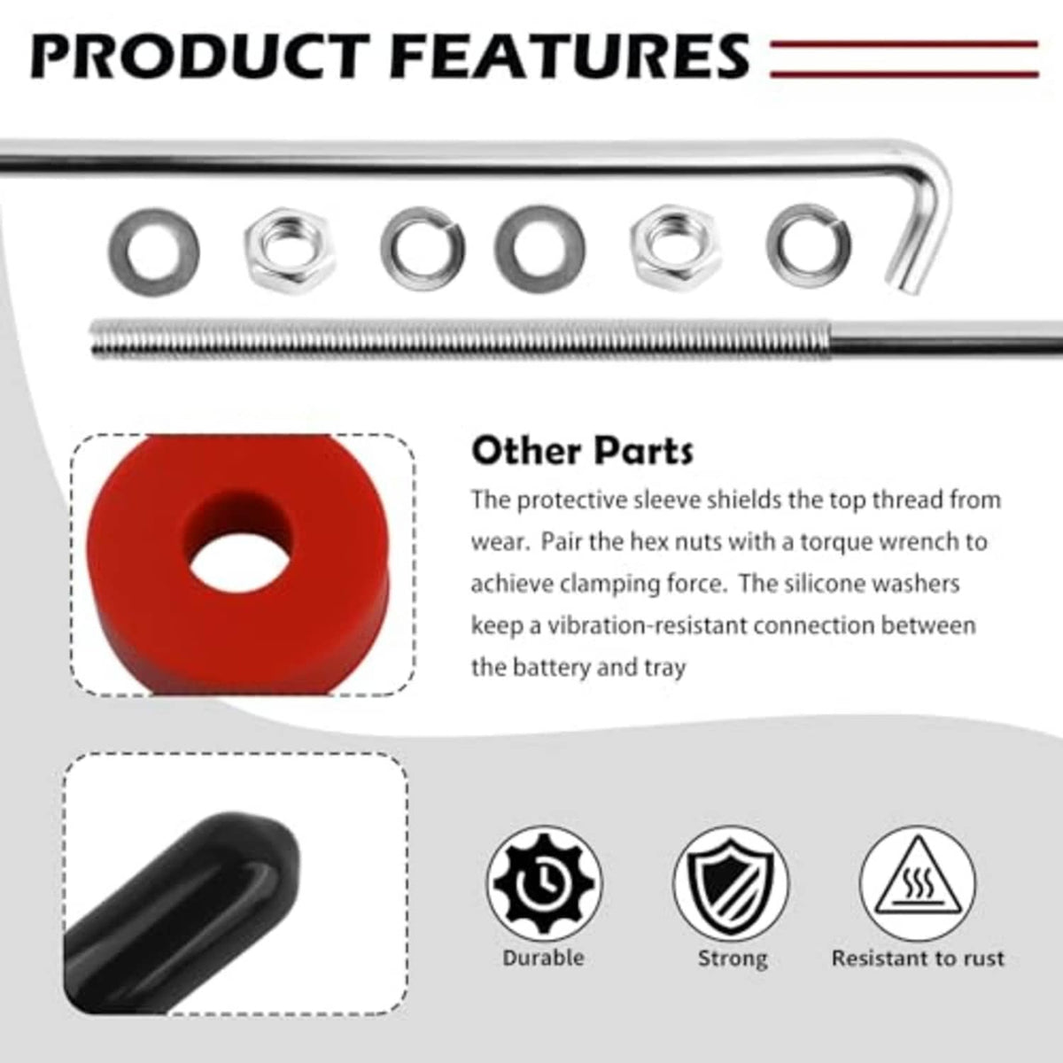 Battery hold-down hardware set with metal J hooks, red washers, and black sleeves