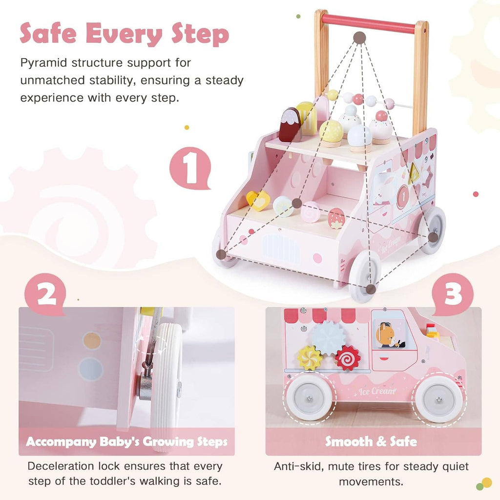 Pink wooden push walker with bead-rope play frame and multi-level ice-cream themed top