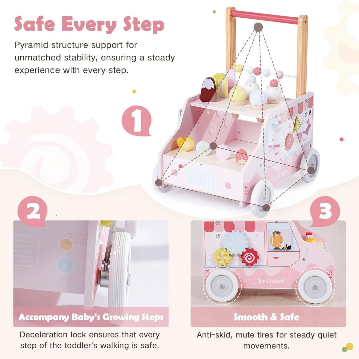 Pink wooden push walker with bead-rope play frame and multi-level ice-cream themed top