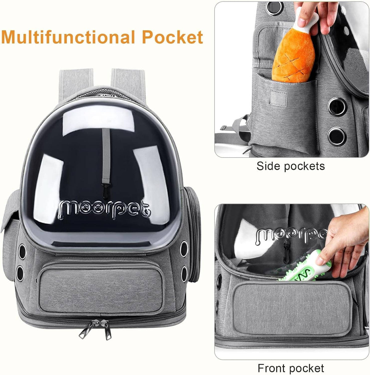 Gray cat backpack carrier with clear bubble window, front pocket, and side pockets.