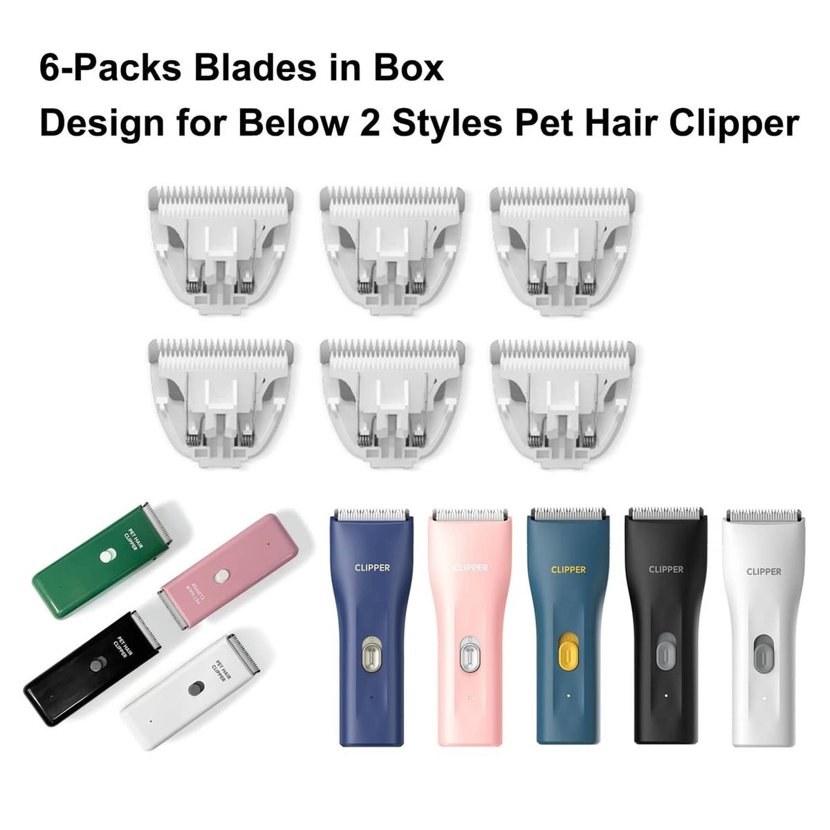6-pack clipper blade heads with matching pet hair clippers set