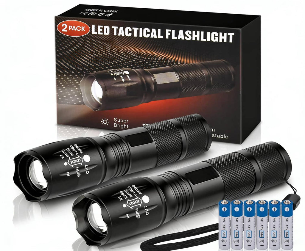 Black LED tactical flashlight, 2-pack, textured grip and bright front lens
