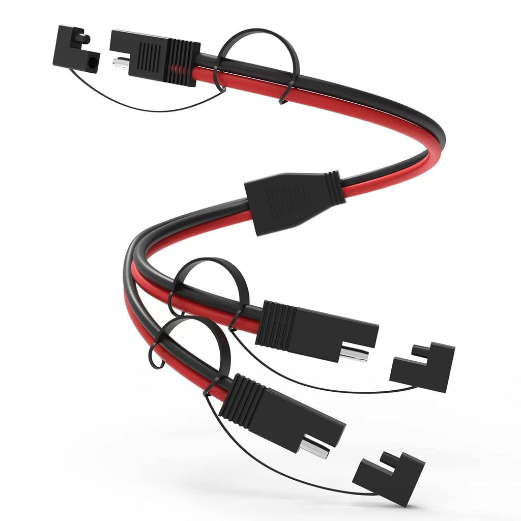 Split SAE cable with red/black wires, two SAE connectors, black waterproof caps