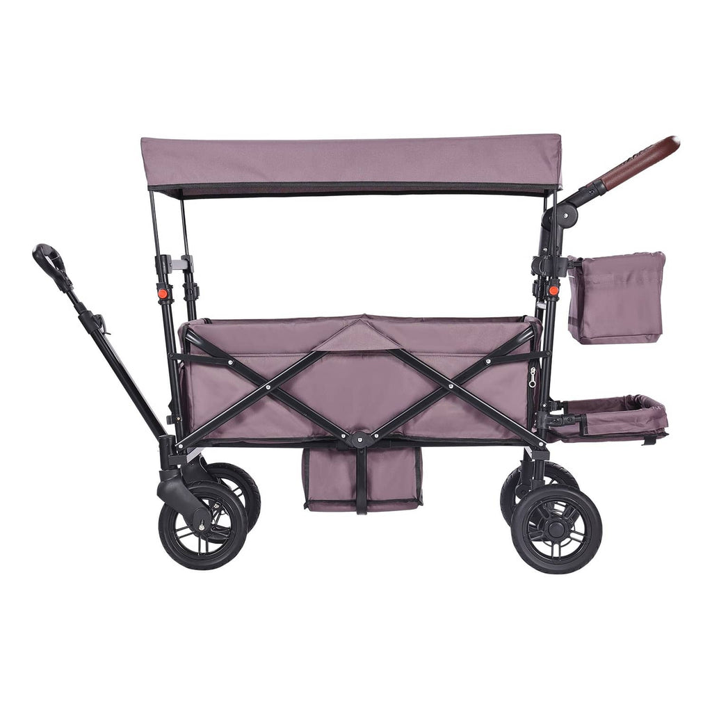 Purple double wagon stroller with canopy, two seats, cross-brace frame, large wheels