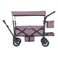 Purple double wagon stroller with canopy, two seats, cross-brace frame, large wheels