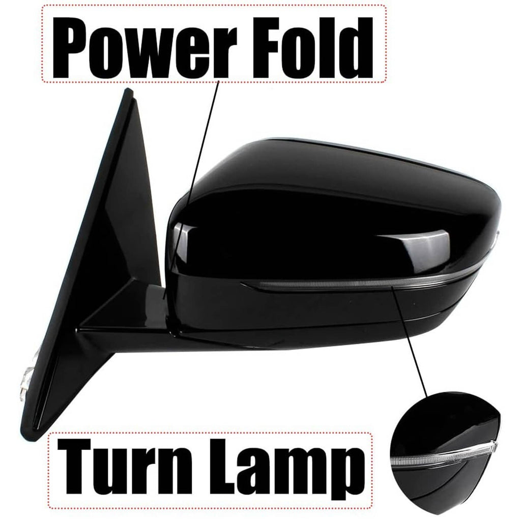 Black left driver-side power-fold mirror with turn lamp on housing