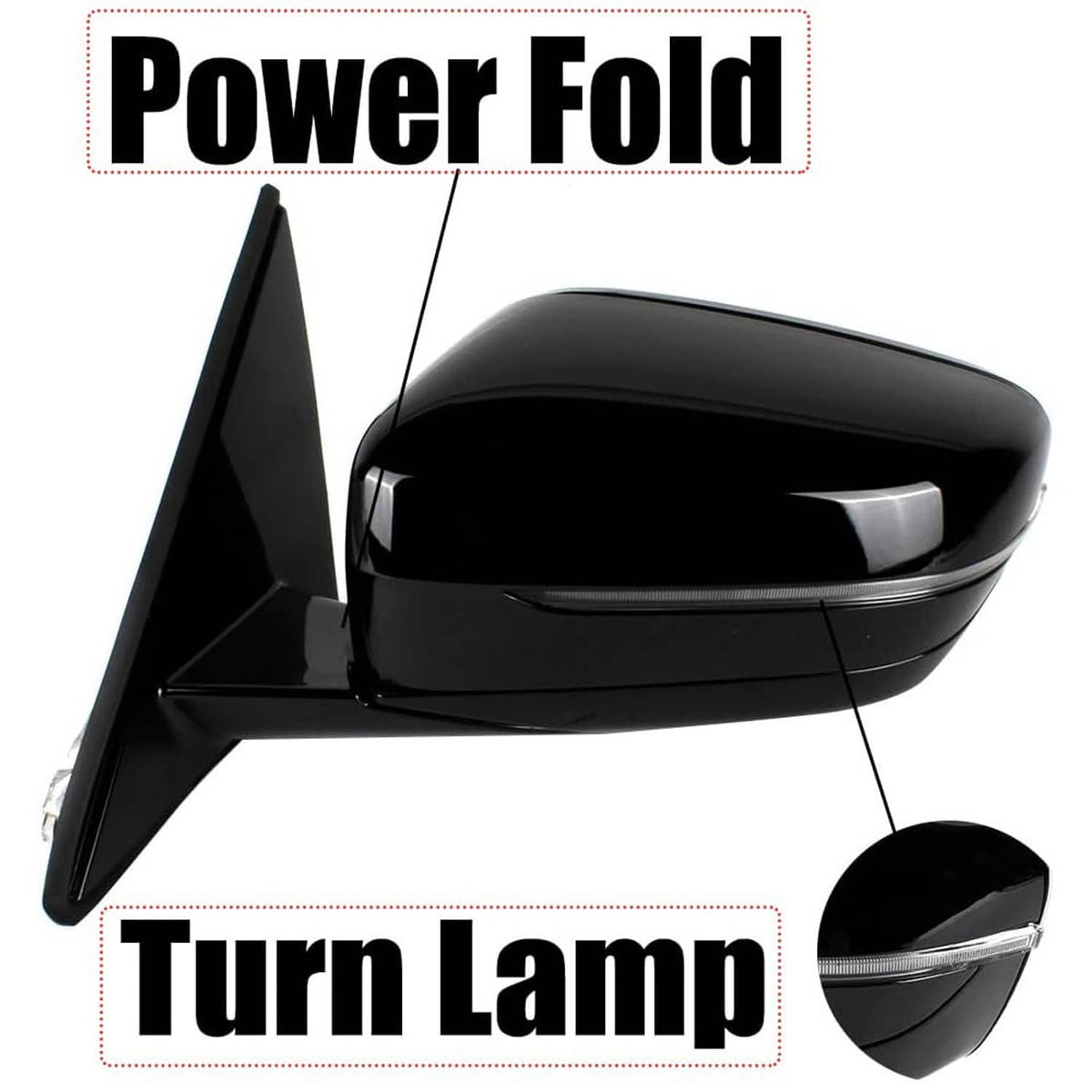 Black left driver-side power-fold mirror with turn lamp on housing