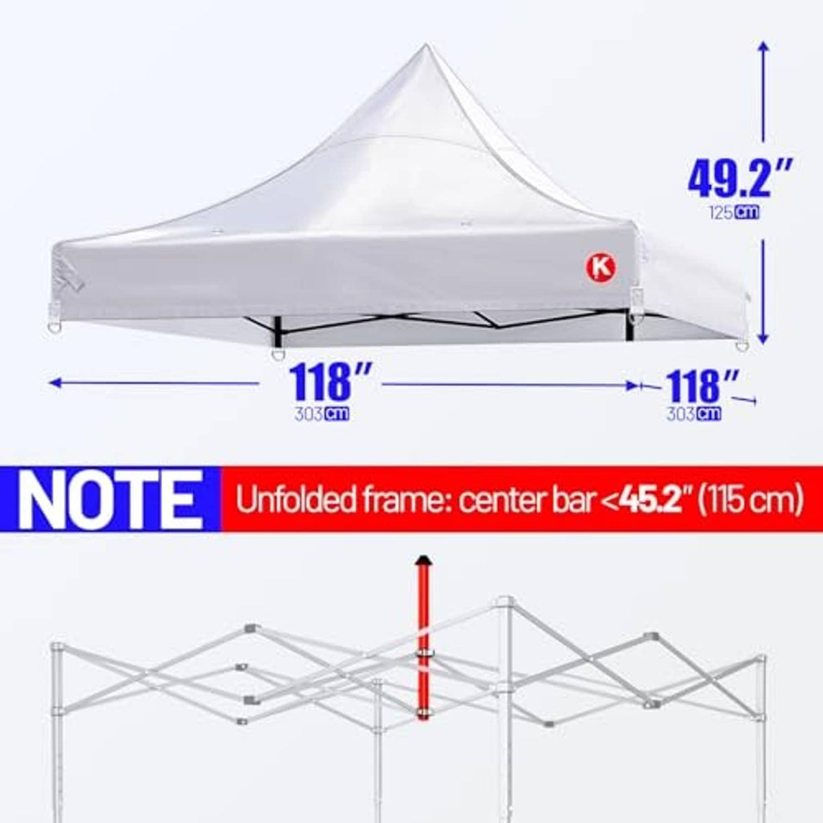 White canopy replacement top dimension diagram: 118 in width, 49.2 in height